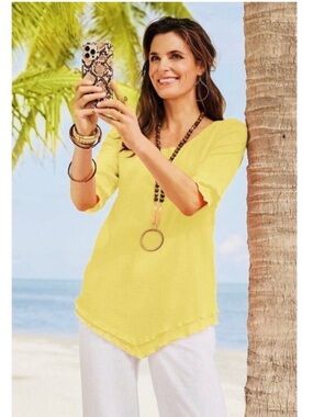 Soft Surroundings Butter Yellow Coastal Resortwear Cotton Gauze Siesta Key Tunic